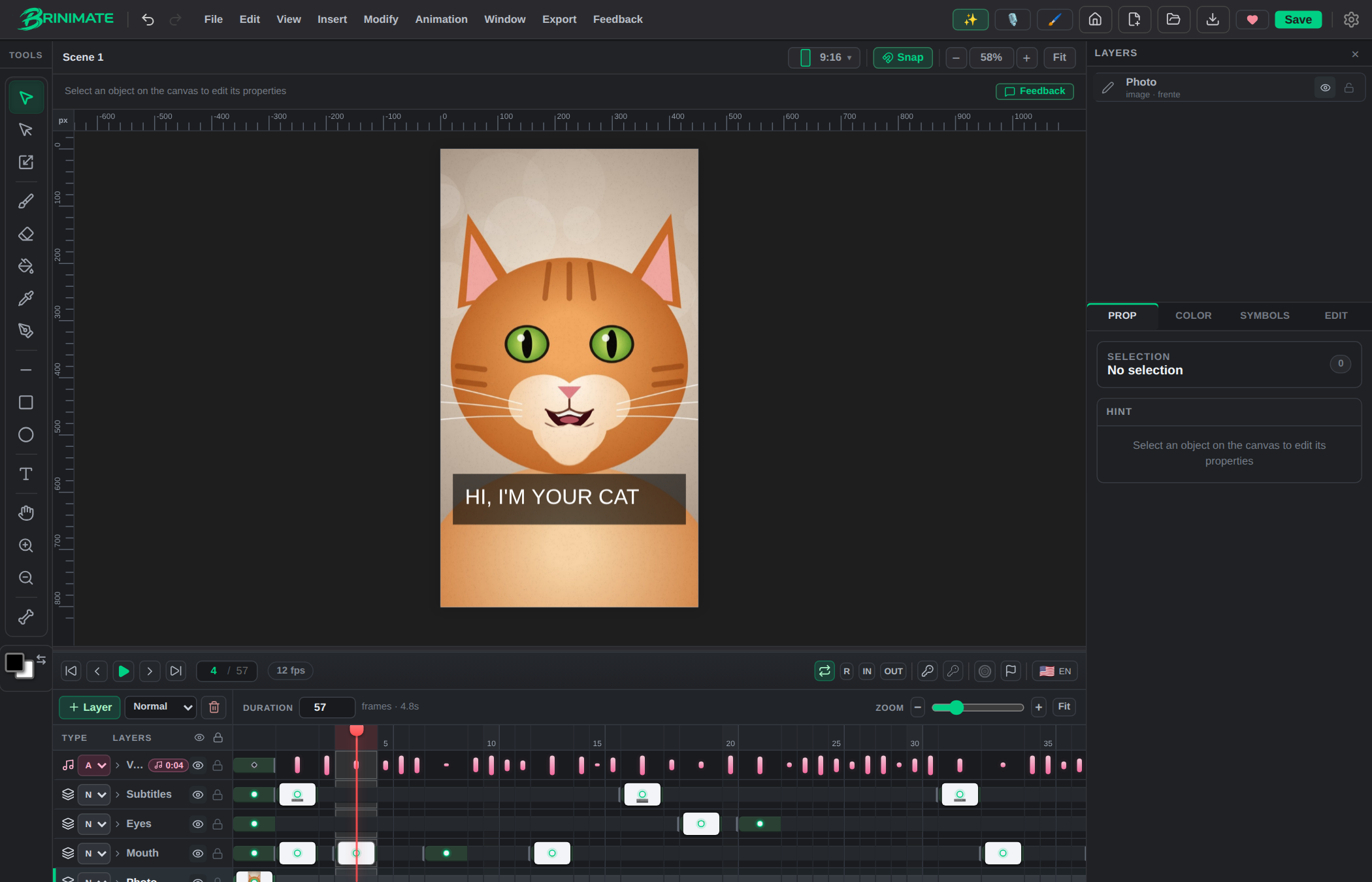 The editor with the talking cat, the subtitles and the layers on the timeline