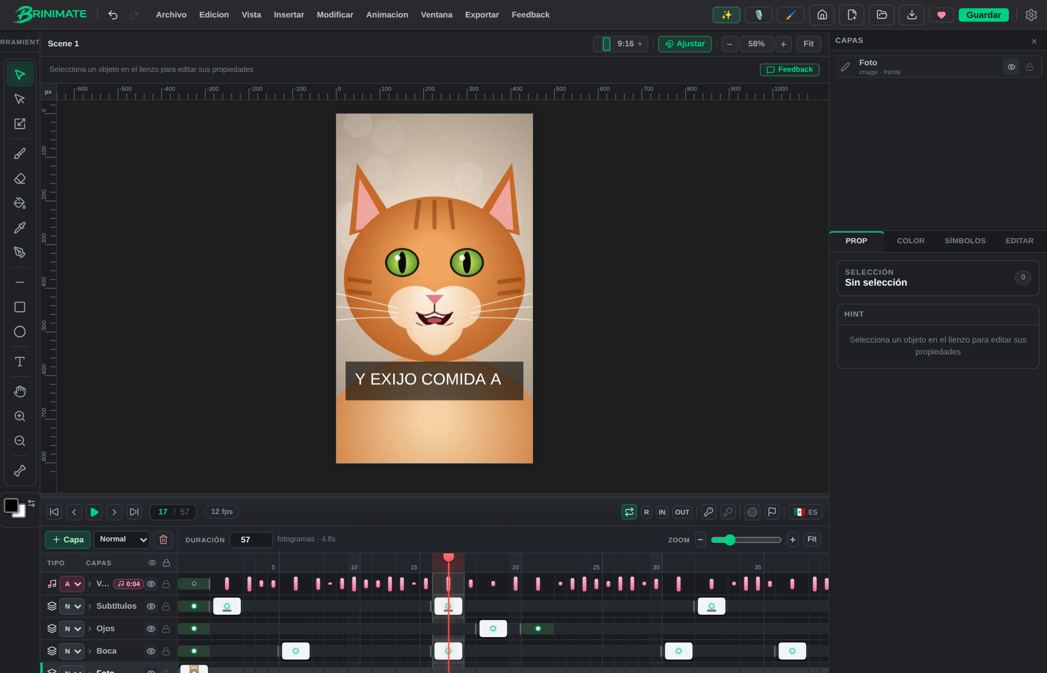 El editor con el gato hablando, los subtítulos y las capas en la timeline