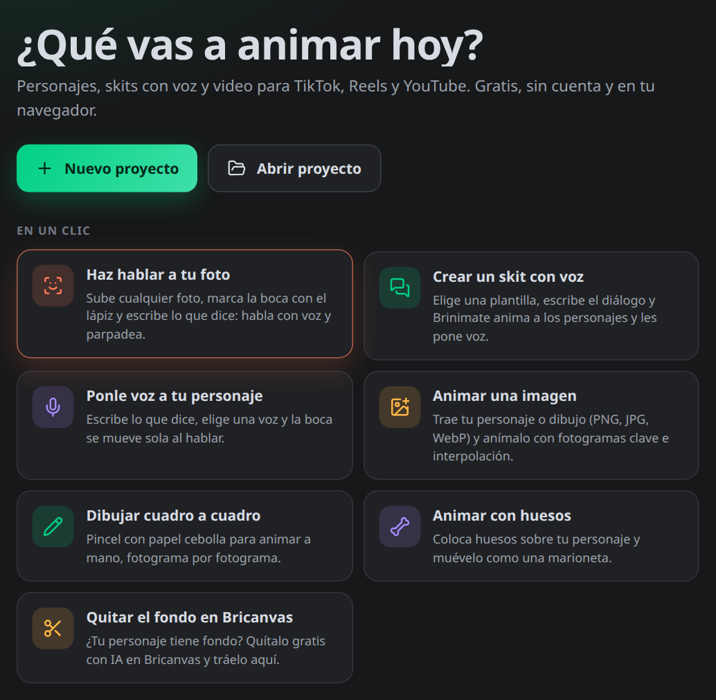 La pantalla de inicio de Brinimate con la tarjeta Haz hablar a tu foto