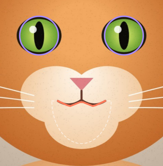 The coral line on the cat's mouth, the jaw area dashed and the eyes marked in violet