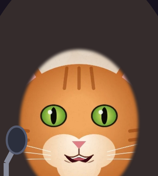 Michi, a cat turned character, telling a joke on stage with its mouth open