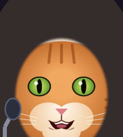 Michi, un gato hecho personaje, contando un chiste en el escenario con la boca abierta