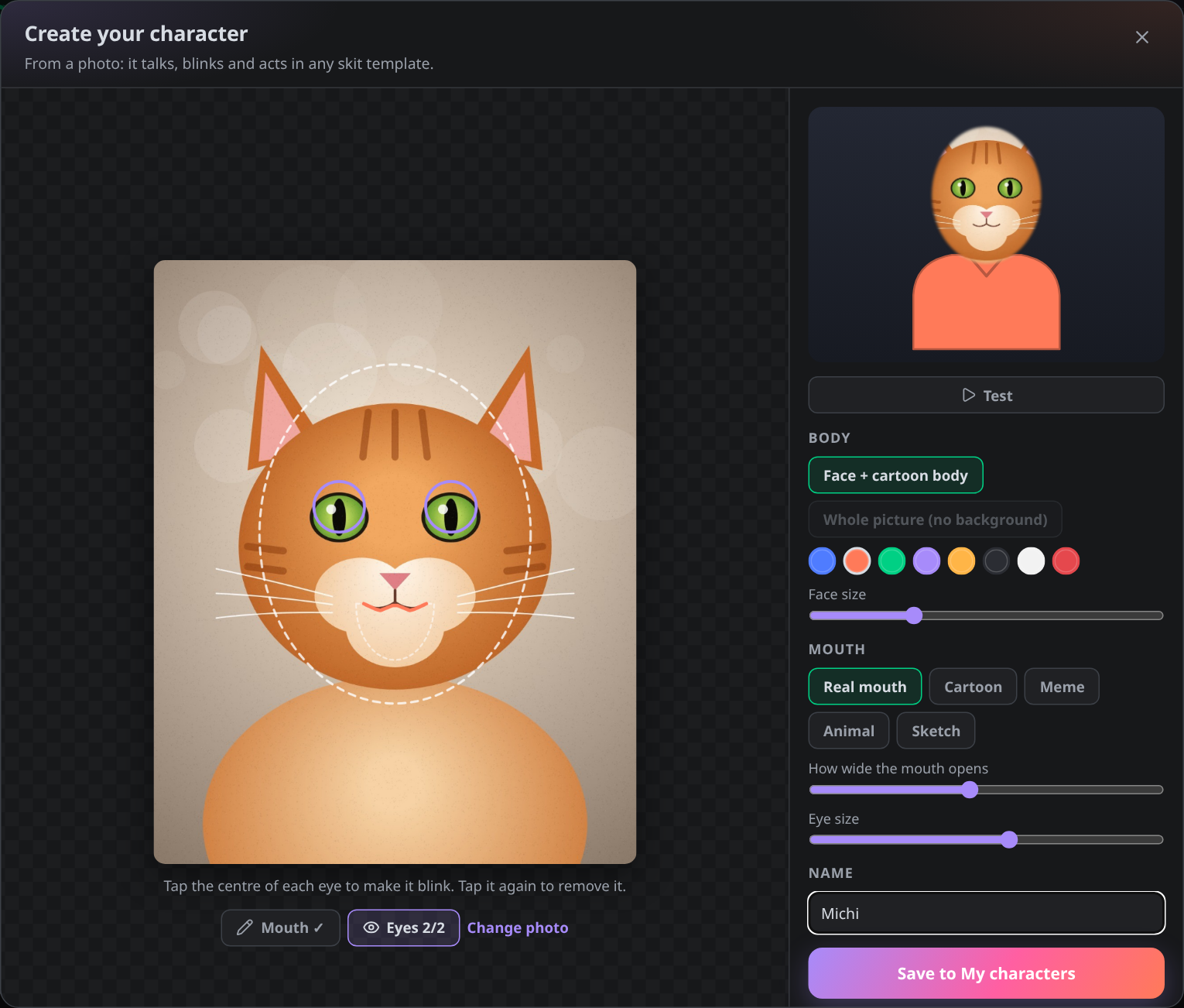 The character maker with the cat's photo marked and the preview on the right