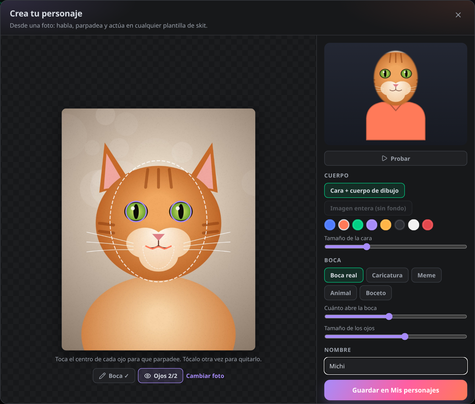 El creador de personajes con la foto del gato marcada y la vista previa a la derecha