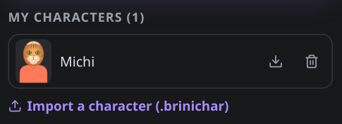 The My characters list with the export and delete buttons