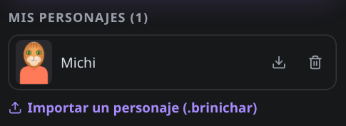 La lista Mis personajes con los botones de exportar y borrar