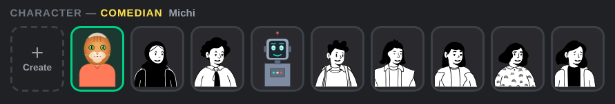 The cast row with the Create tile, Michi selected and the catalog characters