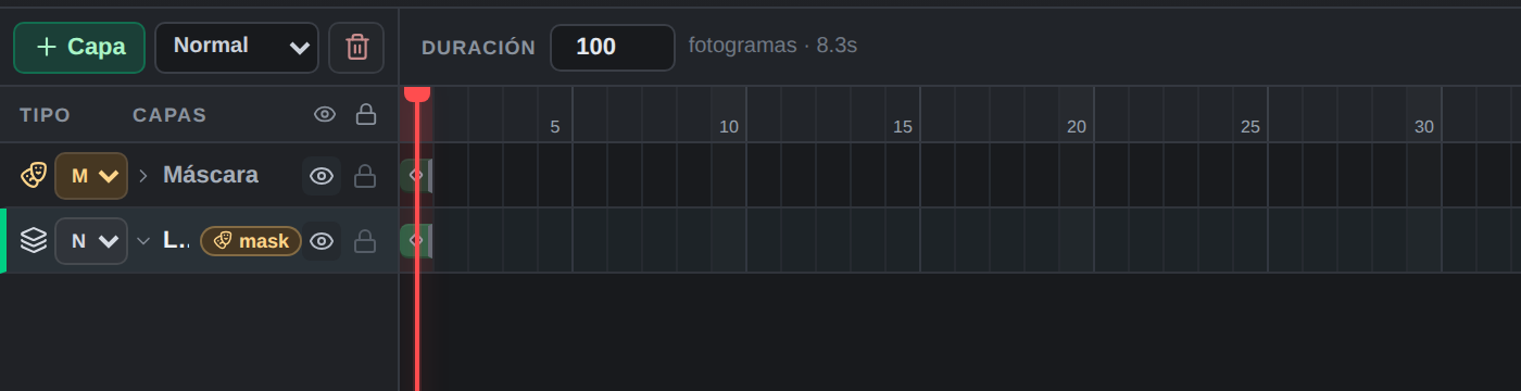 La línea de tiempo mostrando la capa Máscara arriba y la capa recortada debajo con su insignia